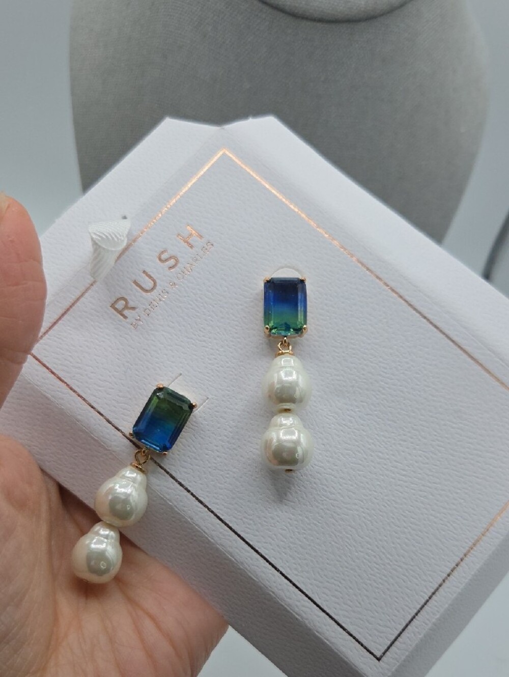 5 for $25! RUSH by Denis & Charles Blue-Green Crystal Pearl Drop Earrings - Picture 3 of 5